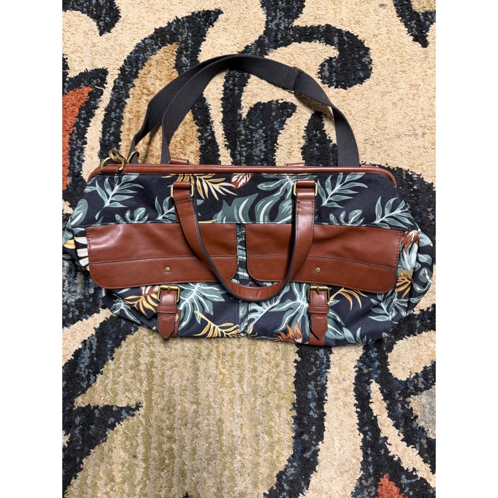 Fossil Tropical Floral Canvas Weekender Duffel Bag Brown Trim Laptop Sleeve